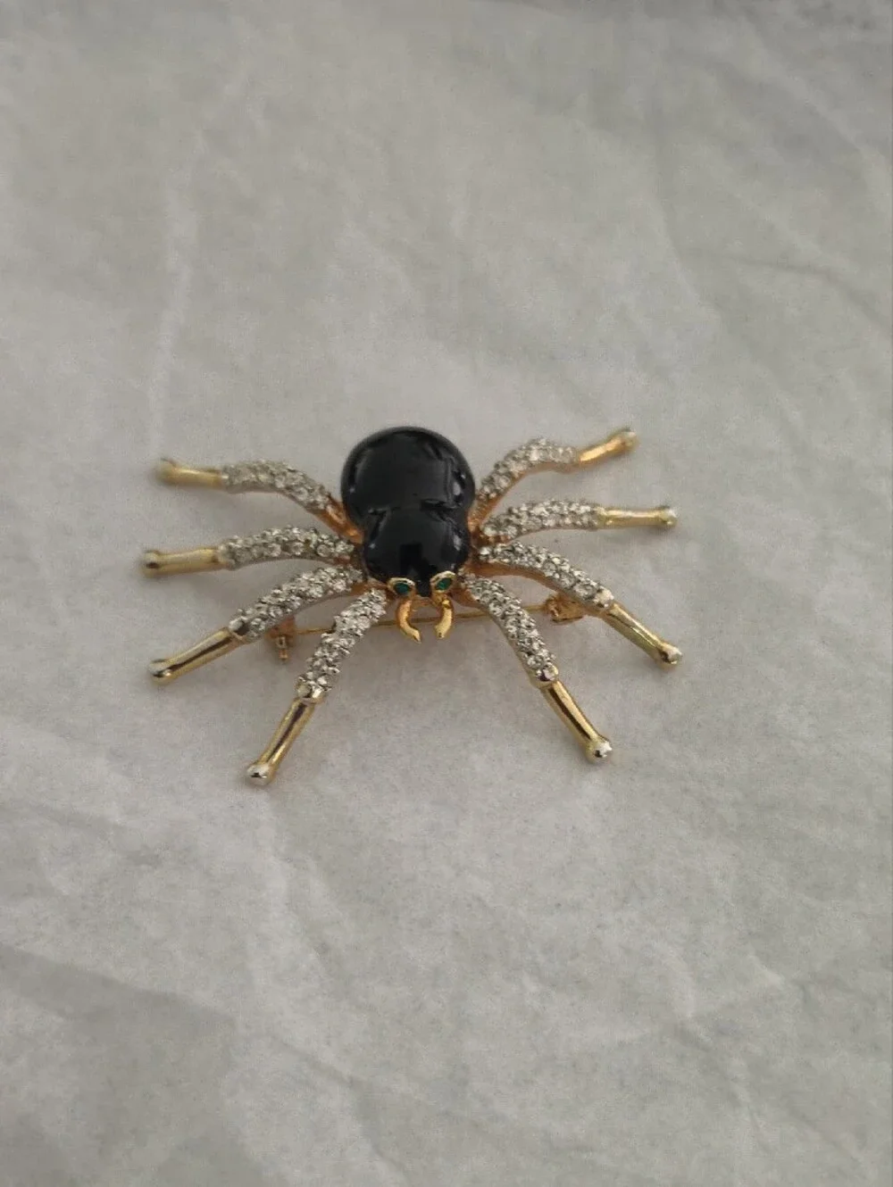 Vintage Gold and Black Spider Brooch with Crystal Legs - Women's Jewelry